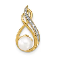 Gold teardrop pendant with a white pearl at the center and a curved diamond-accented band across the top, shown against a white background.