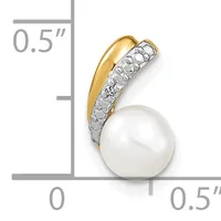 Two-tone pendant featuring a white pearl suspended below a curved gold and silver bail decorated with small diamonds, shown against a measurement scale.