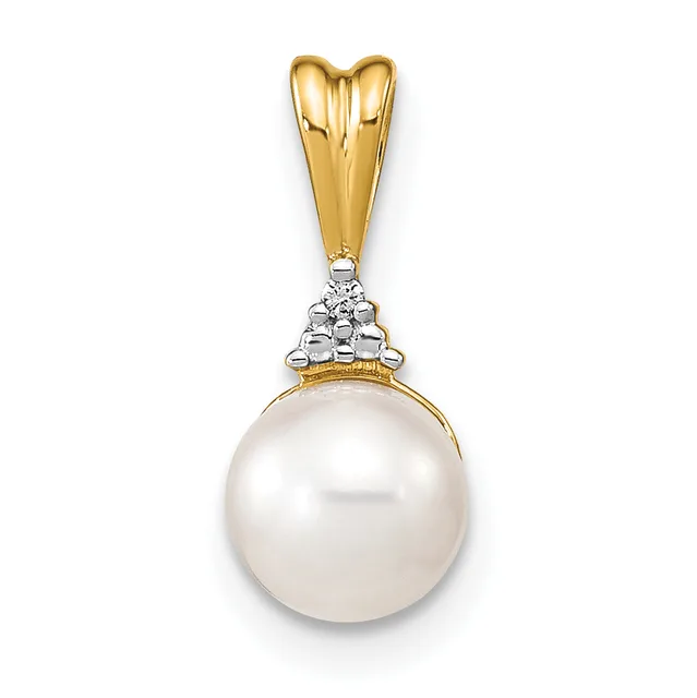 Gold and white metal pendant featuring a lustrous white pearl suspended below a decorative diamond accent, hanging from a polished gold bail.
