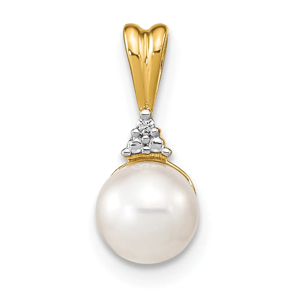 Gold and white metal pendant featuring a lustrous white pearl suspended below a decorative diamond accent, hanging from a polished gold bail.