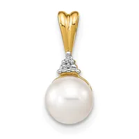 Gold and white metal pendant featuring a lustrous white pearl suspended below a decorative diamond accent, hanging from a polished gold bail.