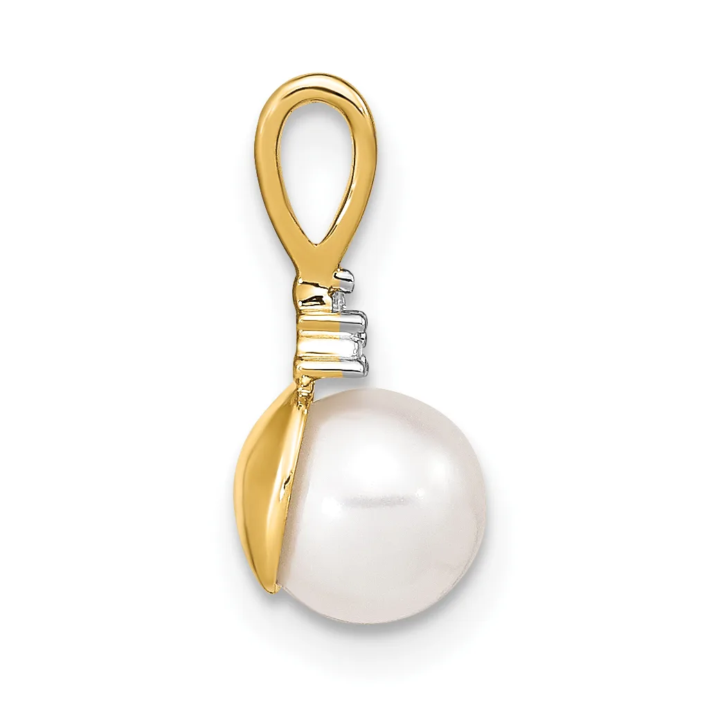 A gold pendant featuring a large white pearl suspended from an ornamental gold loop with diamond accents.