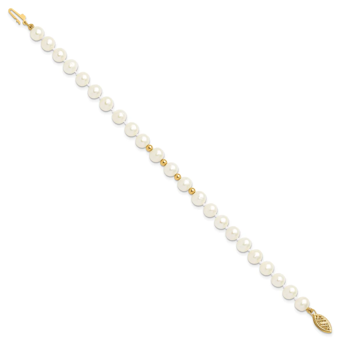 A gold-toned bracelet featuring white pearl beads separated by small gold spacer beads, with a lobster clasp and decorative leaf charm at the clasp end.