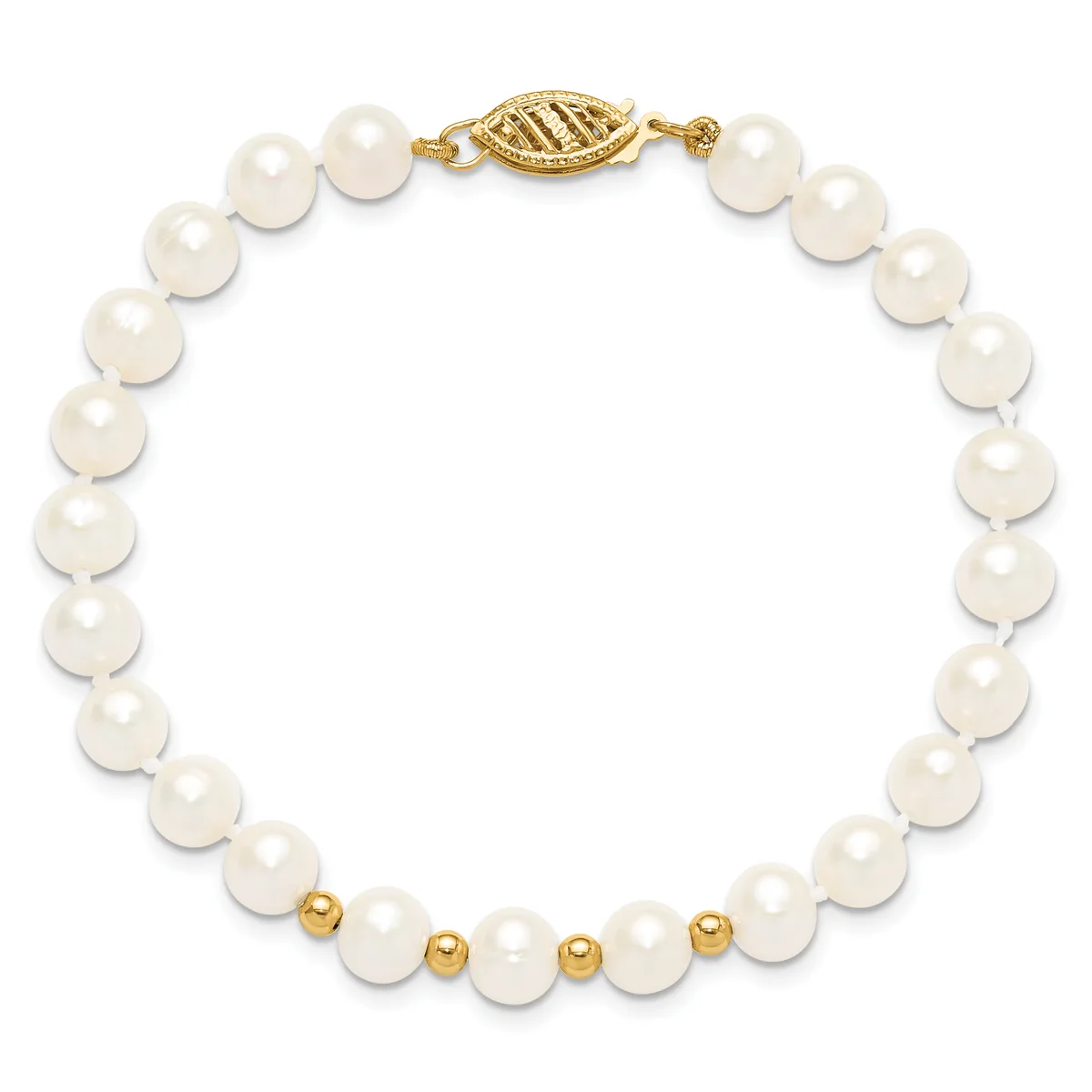 White pearl bracelet with gold-tone spacer beads and an ornate gold-tone clasp, displayed on a white background.