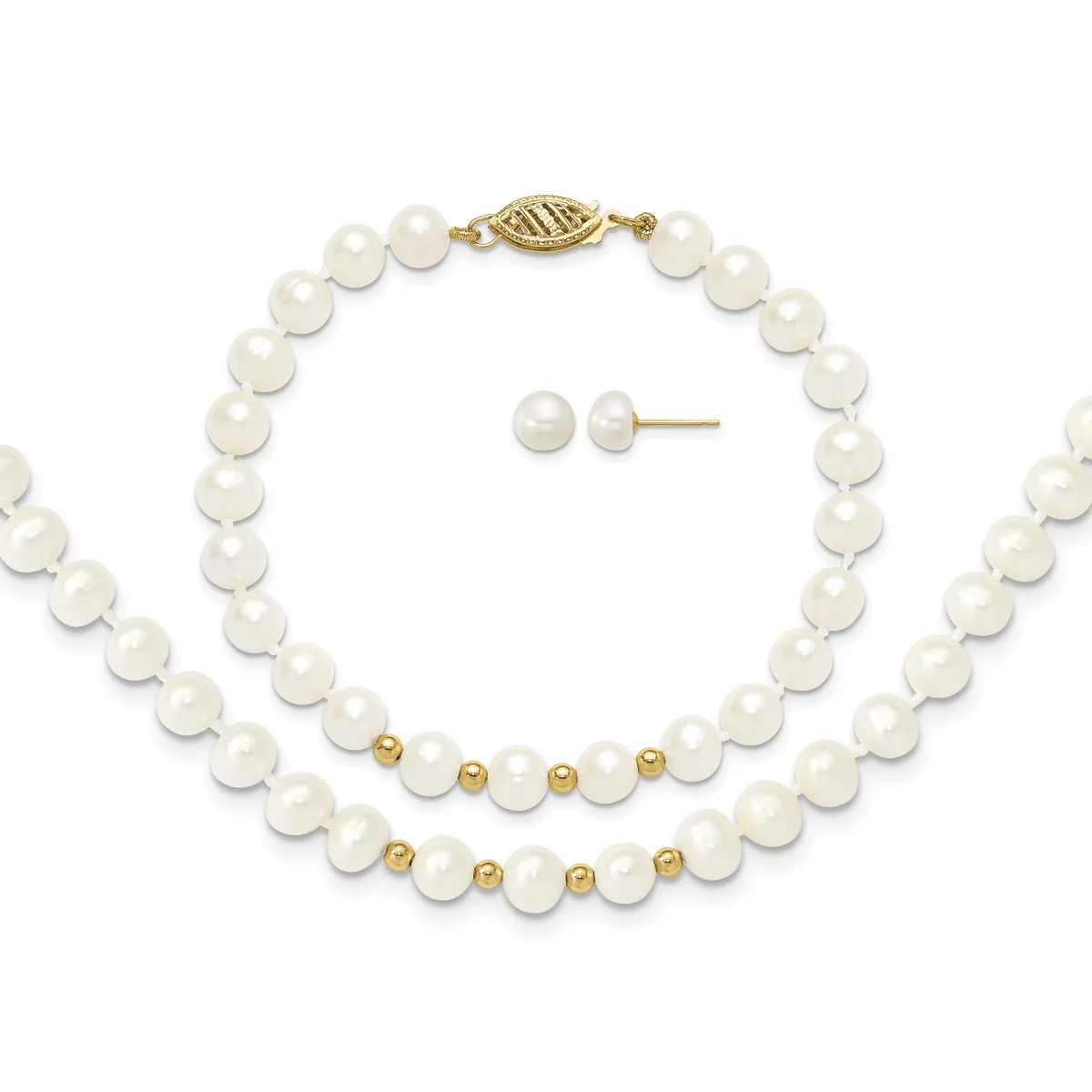 A pearl jewelry set consisting of a long strand necklace with gold-toned spacer beads and clasp, a shorter bracelet with matching pearls and gold beads, and a pair of pearl stud earrings.
