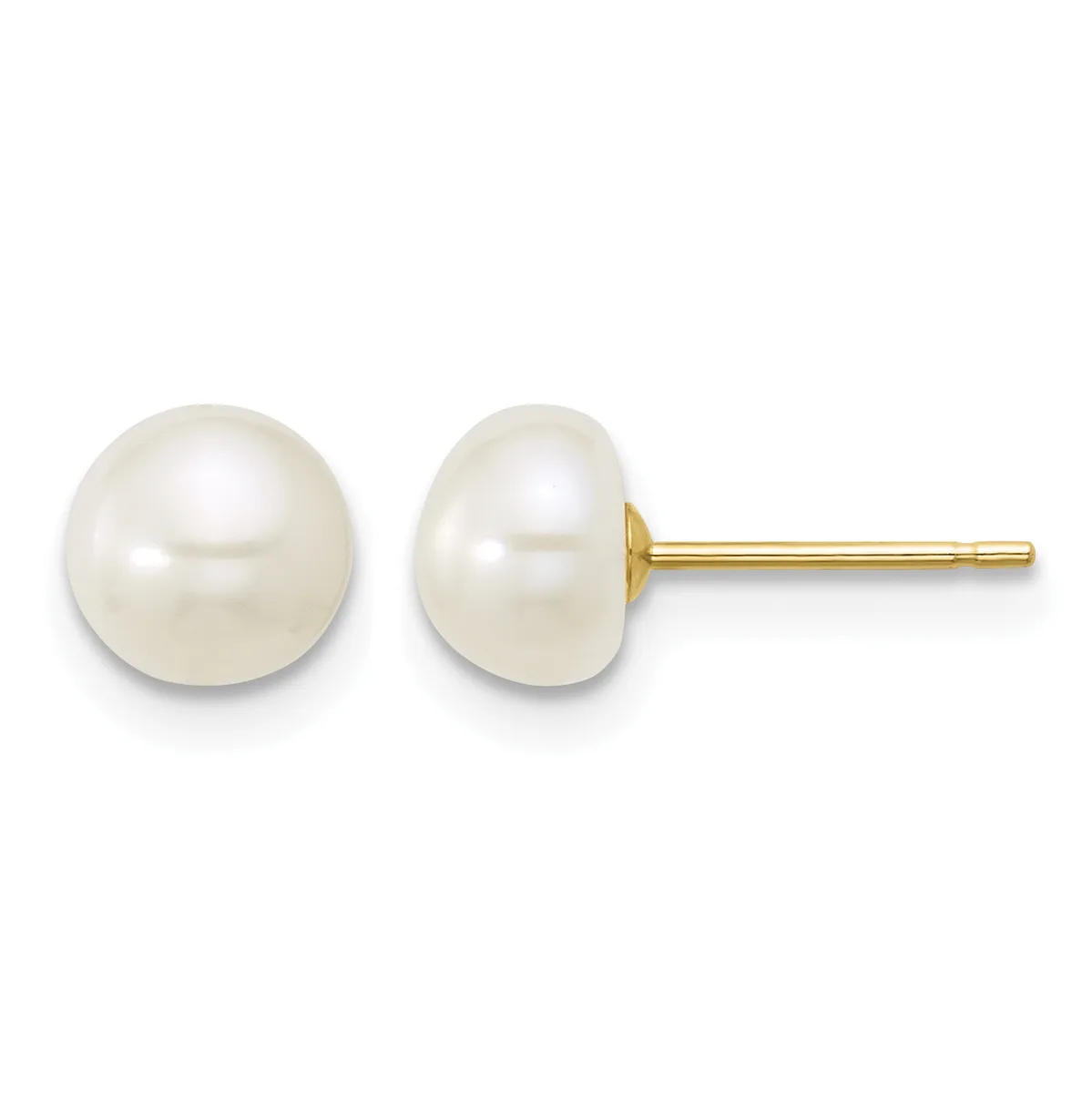 A pair of white pearl stud earrings with gold posts and backs, displayed against a white background.