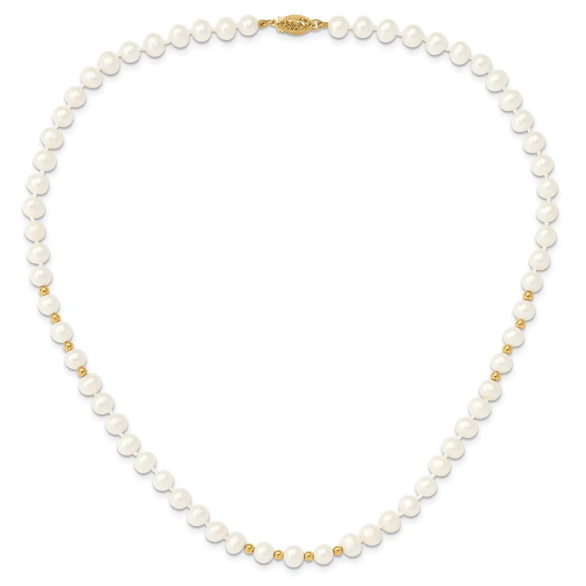 A pearl necklace with white round pearls separated by small gold-tone beads, featuring a gold-tone clasp at the center top.