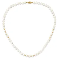A pearl necklace with white round pearls separated by small gold-tone beads, featuring a gold-tone clasp at the center top.