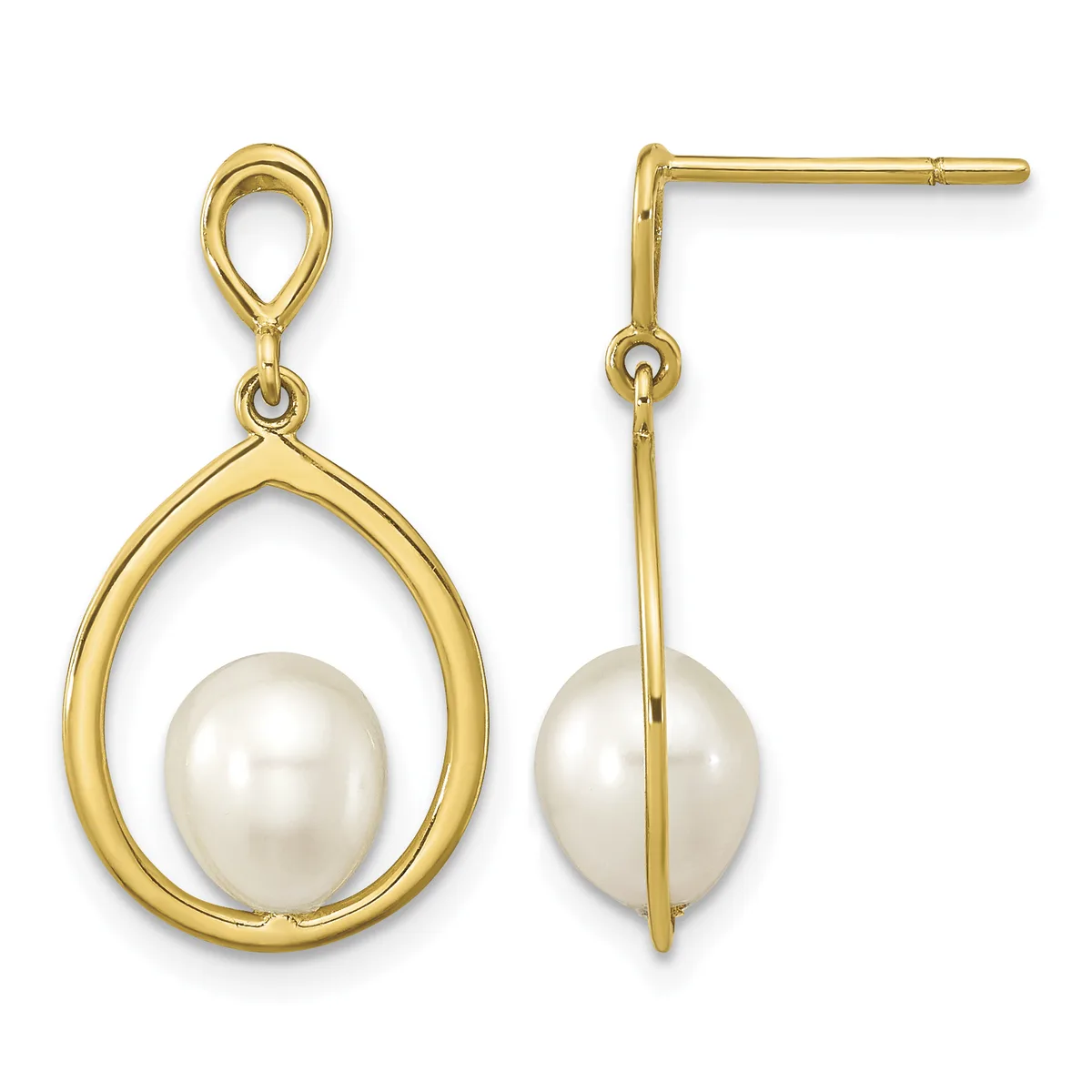 Pair of gold teardrop earrings with white pearl centers, shown from front and side views.