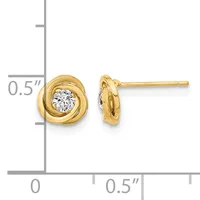 A pair of gold stud earrings with circular twisted bezels holding round diamonds, shown next to a ruler measuring 0.5 inches in height.