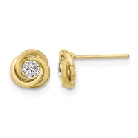 A pair of gold stud earrings featuring twisted knot designs with round diamond centers, shown from front and side views.