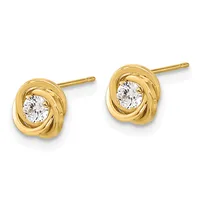 Pair of gold stud earrings with twisted knot design settings, each holding a round diamond, shown from front view.