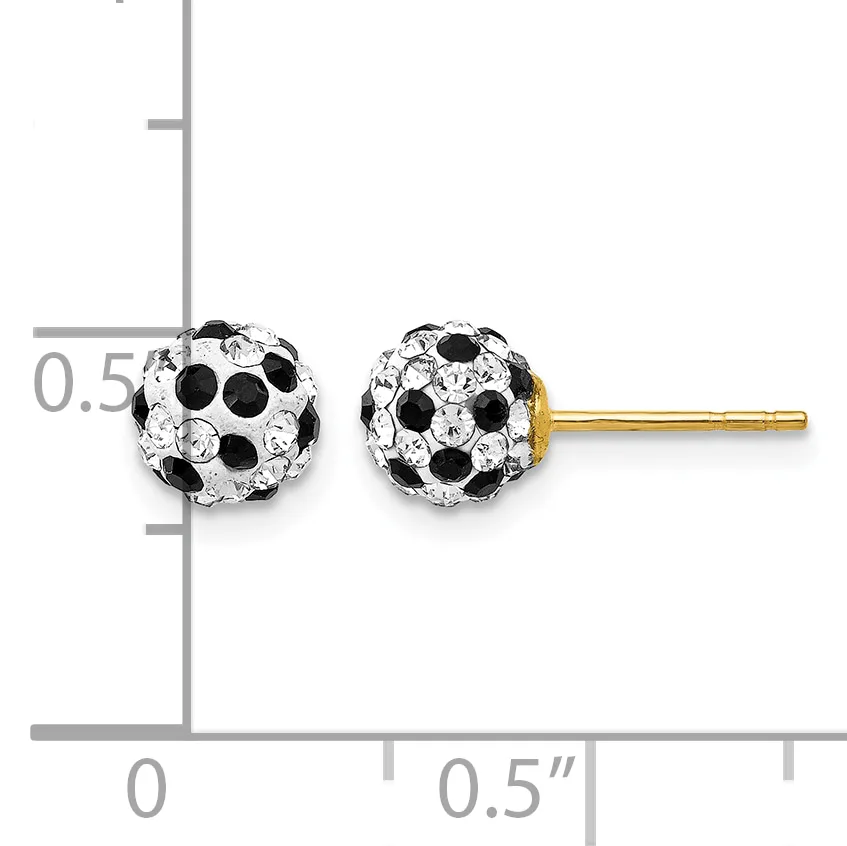 Pair of spherical stud earrings with alternating clear and black crystals set in white metal on gold posts, shown against a measurement scale.