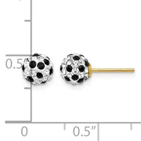 Pair of spherical stud earrings with alternating clear and black crystals set in white metal on gold posts, shown against a measurement scale.
