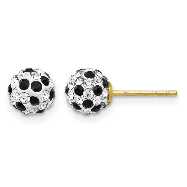 Pair of spherical stud earrings with alternating black and clear crystal rhinestones set in a gold-toned metal, shown from front and back views with gold posts.