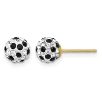 Pair of spherical stud earrings with alternating black and clear crystal rhinestones set in a gold-toned metal, shown from front and back views with gold posts.
