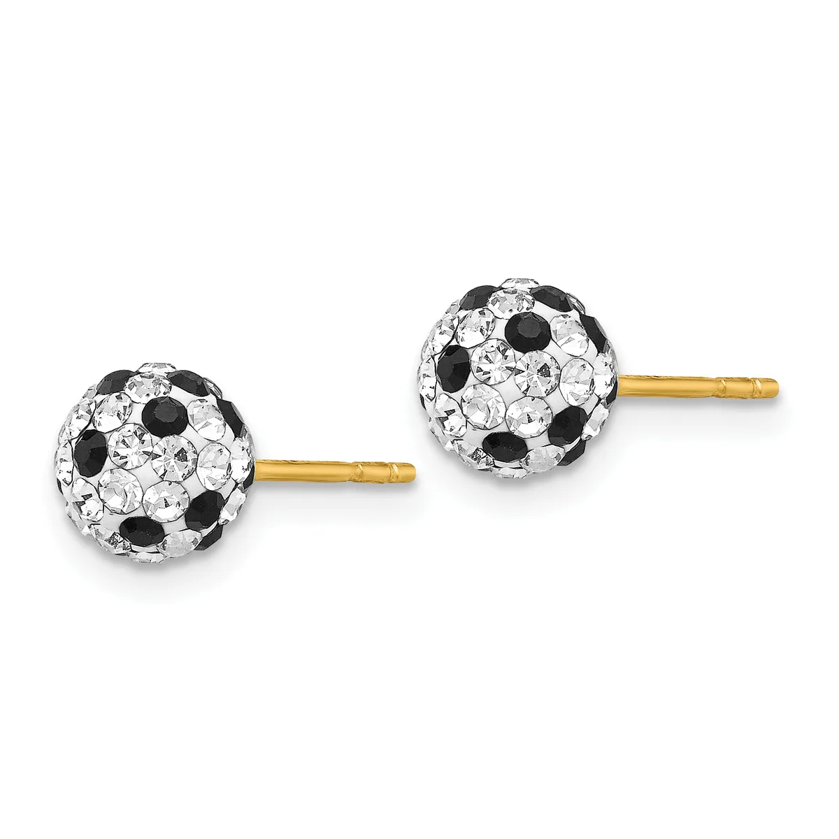 A pair of spherical stud earrings with gold posts, each ball decorated with black and clear crystal rhinestones in a soccer ball pattern.