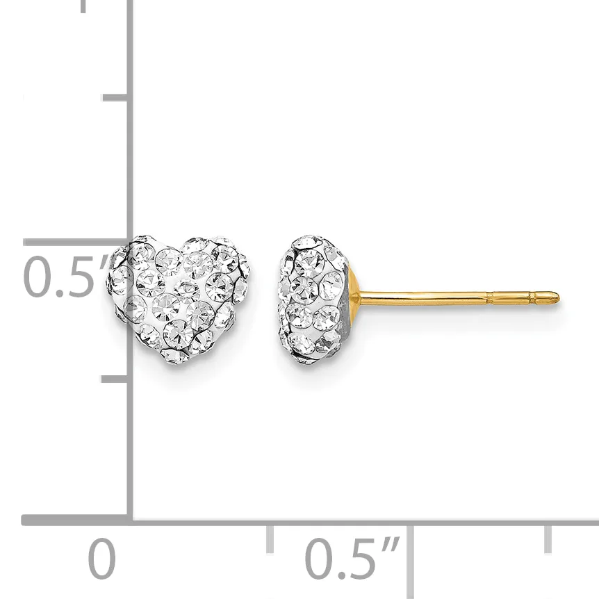 A pair of heart-shaped crystal stud earrings with gold posts displayed next to a ruler showing approximately half-inch size.