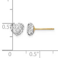 A pair of heart-shaped crystal stud earrings with gold posts displayed next to a ruler showing approximately half-inch size.