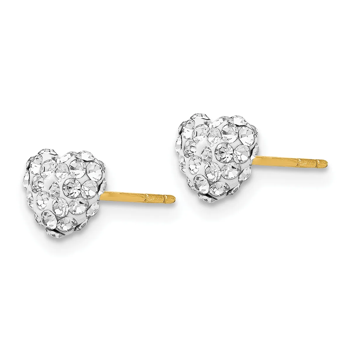 A pair of heart-shaped stud earrings with crystal rhinestones set in white metal on gold-tone posts.