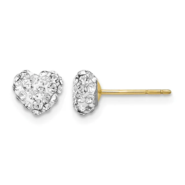 Pair of heart-shaped crystal stud earrings with gold posts and backs, displayed against a white background.