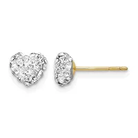 Pair of heart-shaped crystal stud earrings with gold posts and backs, displayed against a white background.