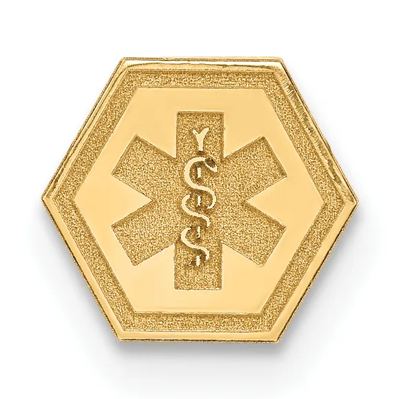 Gold hexagonal medical alert badge with a textured border and a Star of Life symbol with an intertwined snake and staff in the center.