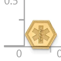 Gold hexagonal medical alert ID tag with caduceus symbol, shown next to a ruler indicating approximately 0.5 inches in width.