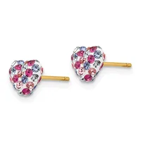 A pair of heart-shaped stud earrings with multicolored crystals in pink, purple, and blue set in white metal with gold-tone posts.