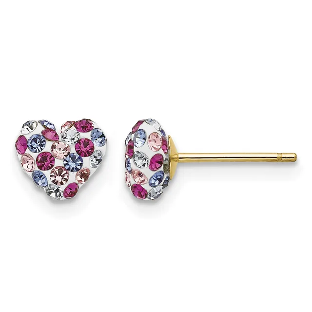 A pair of heart-shaped stud earrings with multicolored rhinestones in pink, purple, blue, and clear, set on gold-tone posts.