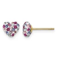 A pair of heart-shaped stud earrings with multicolored rhinestones in pink, purple, blue, and clear, set on gold-tone posts.