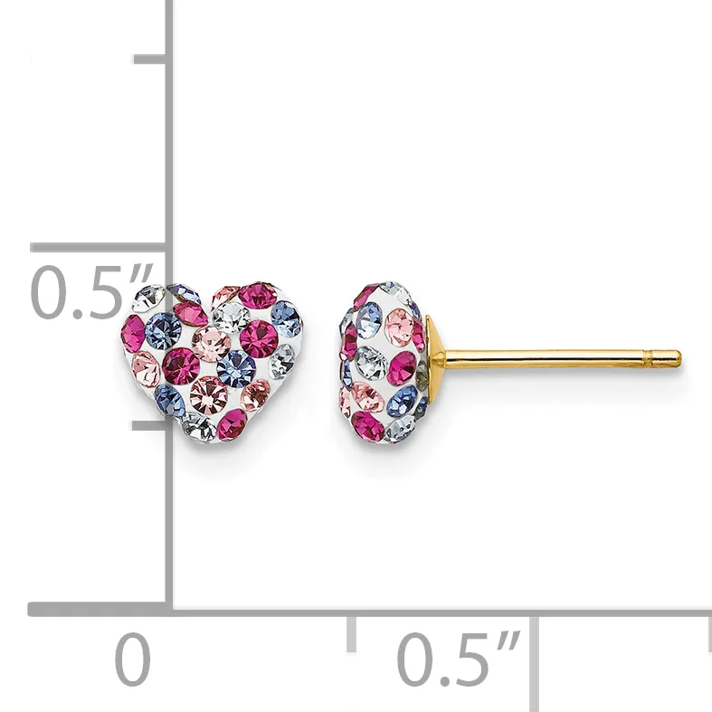 A pair of heart-shaped stud earrings with multicolored crystals in pink, blue, and clear tones set in silver-toned metal with gold posts, shown next to a ruler for scale.