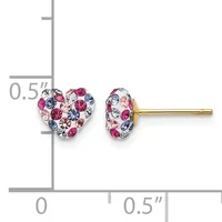 A pair of heart-shaped stud earrings with multicolored crystals in pink, blue, and clear tones set in silver-toned metal with gold posts, shown next to a ruler for scale.