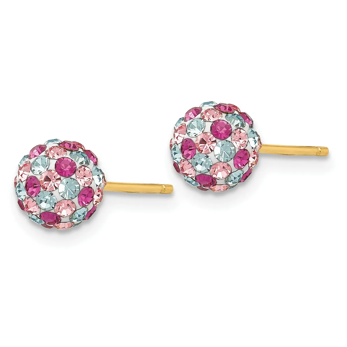 A pair of gold stud earrings with multicolored crystal-studded spheres in pink, purple, and light blue stones.