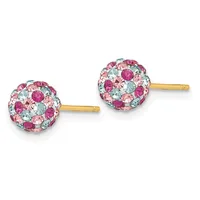 A pair of gold stud earrings with multicolored crystal-studded spheres in pink, purple, and light blue stones.