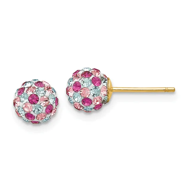 Pair of spherical stud earrings with pink and clear crystals set in a silver-tone metal with gold-tone posts and backs.
