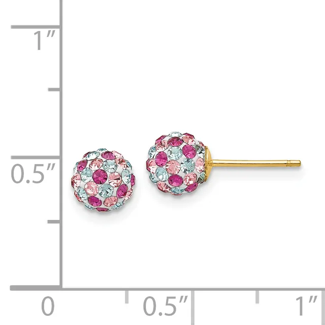 Pair of spherical stud earrings with multicolored rhinestones in pink, fuchsia, and clear stones, shown next to a ruler for scale.