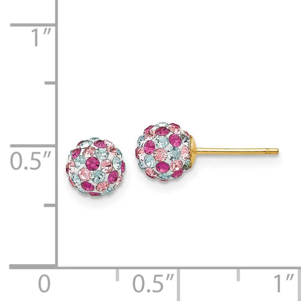 Pair of spherical stud earrings with multicolored rhinestones in pink, fuchsia, and clear stones, shown next to a ruler for scale.