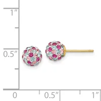 Pair of spherical stud earrings with multicolored rhinestones in pink, fuchsia, and clear stones, shown next to a ruler for scale.