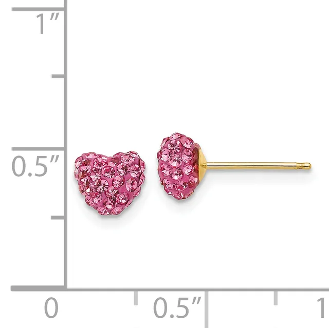Pink crystal heart stud earrings on gold posts displayed against a measurement scale showing approximately half inch height.