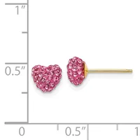 Pink crystal heart stud earrings on gold posts displayed against a measurement scale showing approximately half inch height.