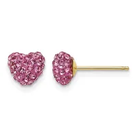 Pair of heart-shaped stud earrings with pink crystal pave setting on gold-tone posts.