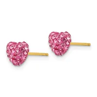 Pair of pink crystal heart-shaped stud earrings with gold-toned posts and backs.
