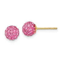 Pink crystal stud earrings with gold posts and backs, displayed against a white background.