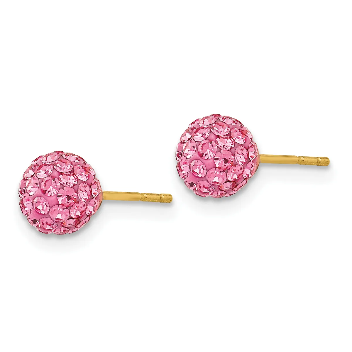 A pair of gold stud earrings with pink crystal-covered spheres on gold posts.
