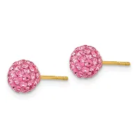 A pair of gold stud earrings with pink crystal-covered spheres on gold posts.