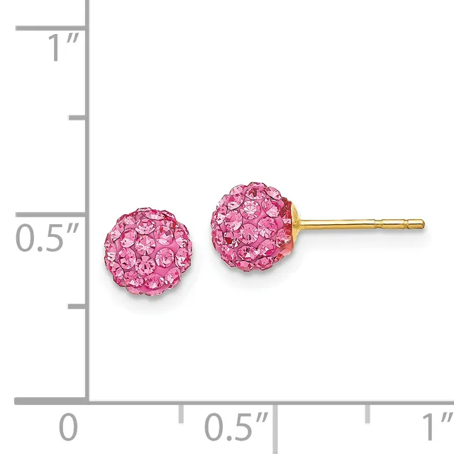 Pair of pink crystal ball stud earrings on a gold post displayed next to a ruler showing the earrings are approximately half an inch in diameter.