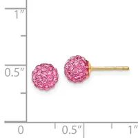 Pair of pink crystal ball stud earrings on a gold post displayed next to a ruler showing the earrings are approximately half an inch in diameter.