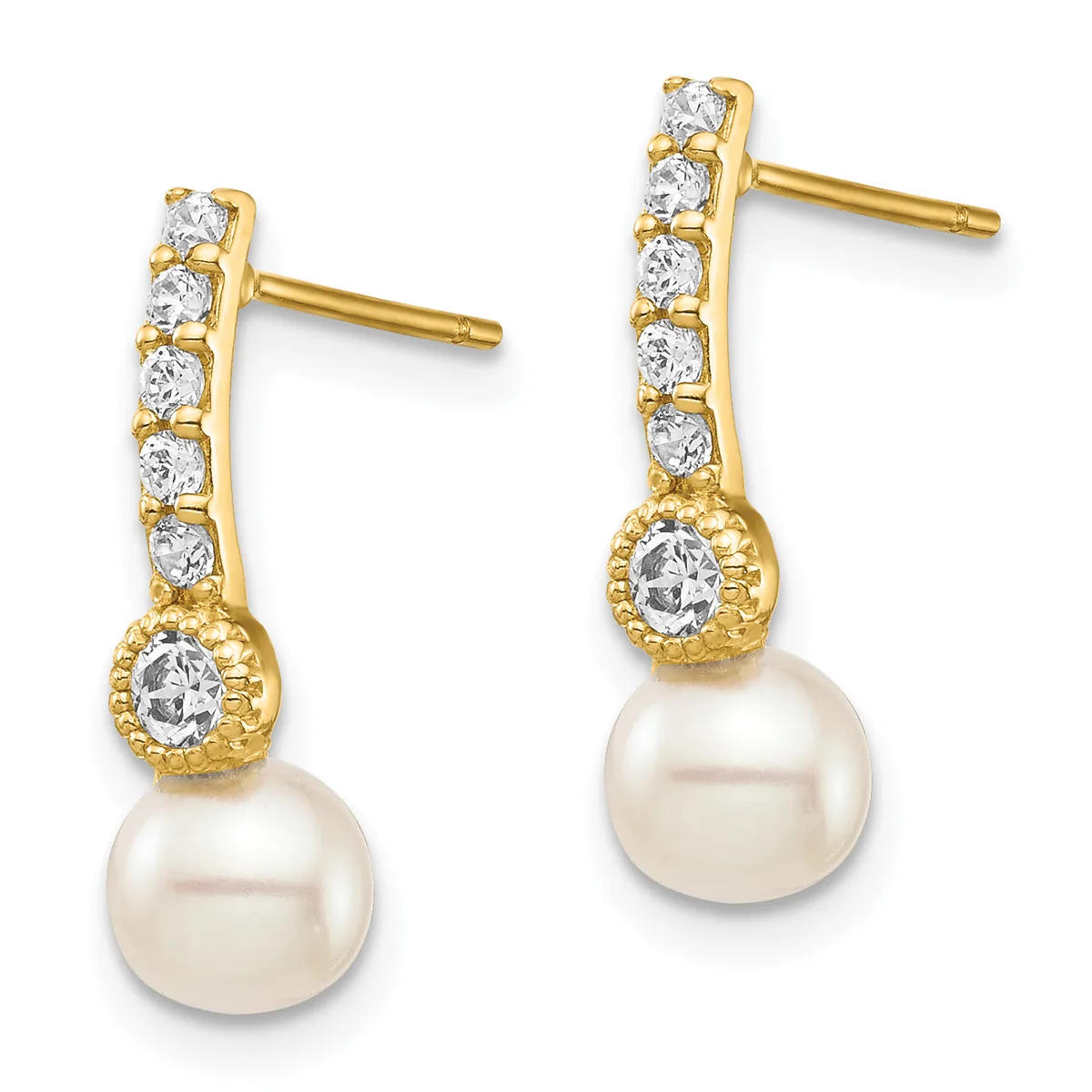 Pair of gold drop earrings with cubic zirconia studs along the post, decorative bezel settings, and cream-colored pearl drops, shown on a white background.