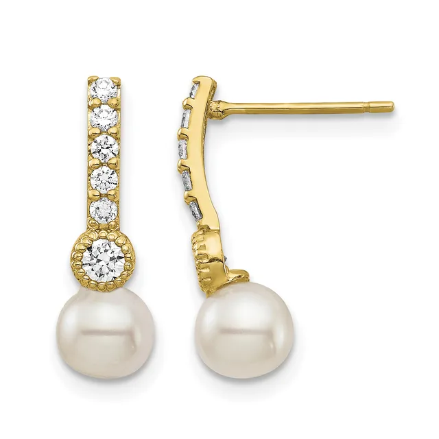 Pair of gold drop earrings with diamond-set vertical bars, each suspending a round pearl below a bezel-set diamond, shown from front and side views.